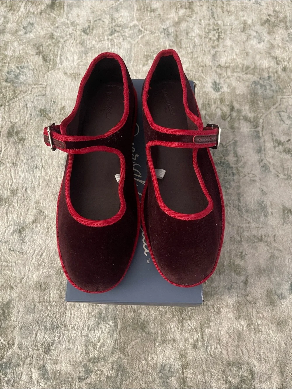 Velvet Mary Jane Flats with Red Trim